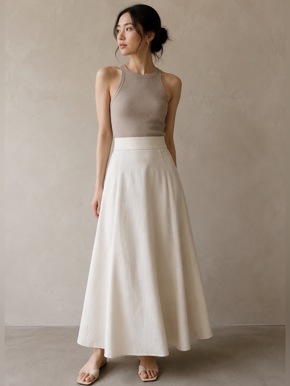 Japanese Minimalist Hemp Blend Cream Midi Skirt S/M